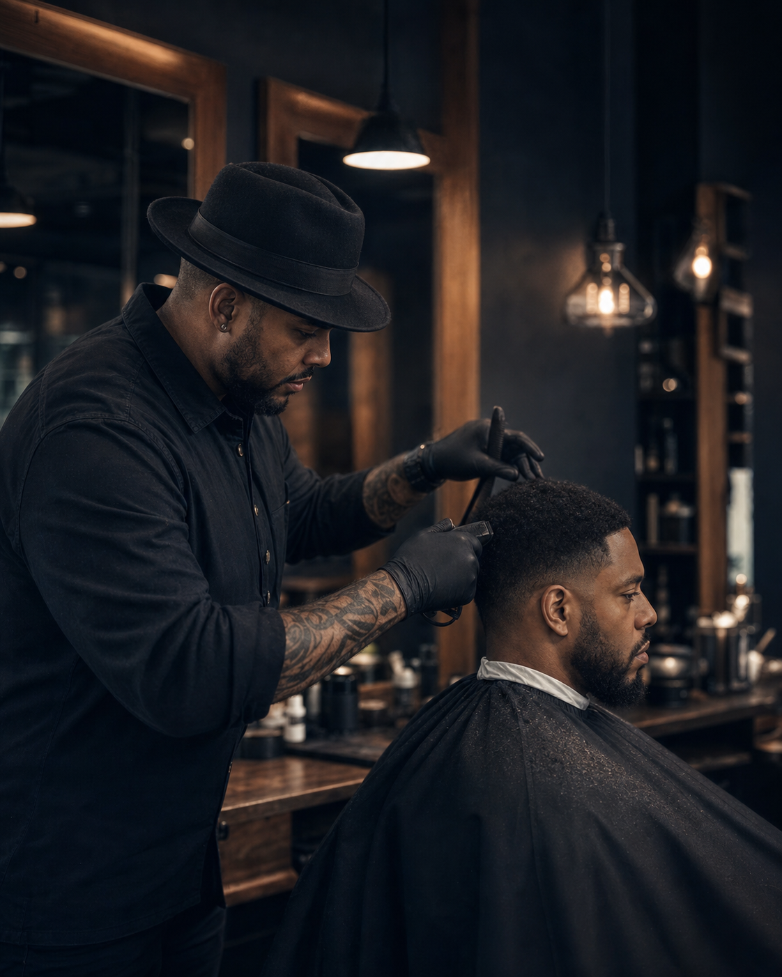 A barber focused on a precise haircut