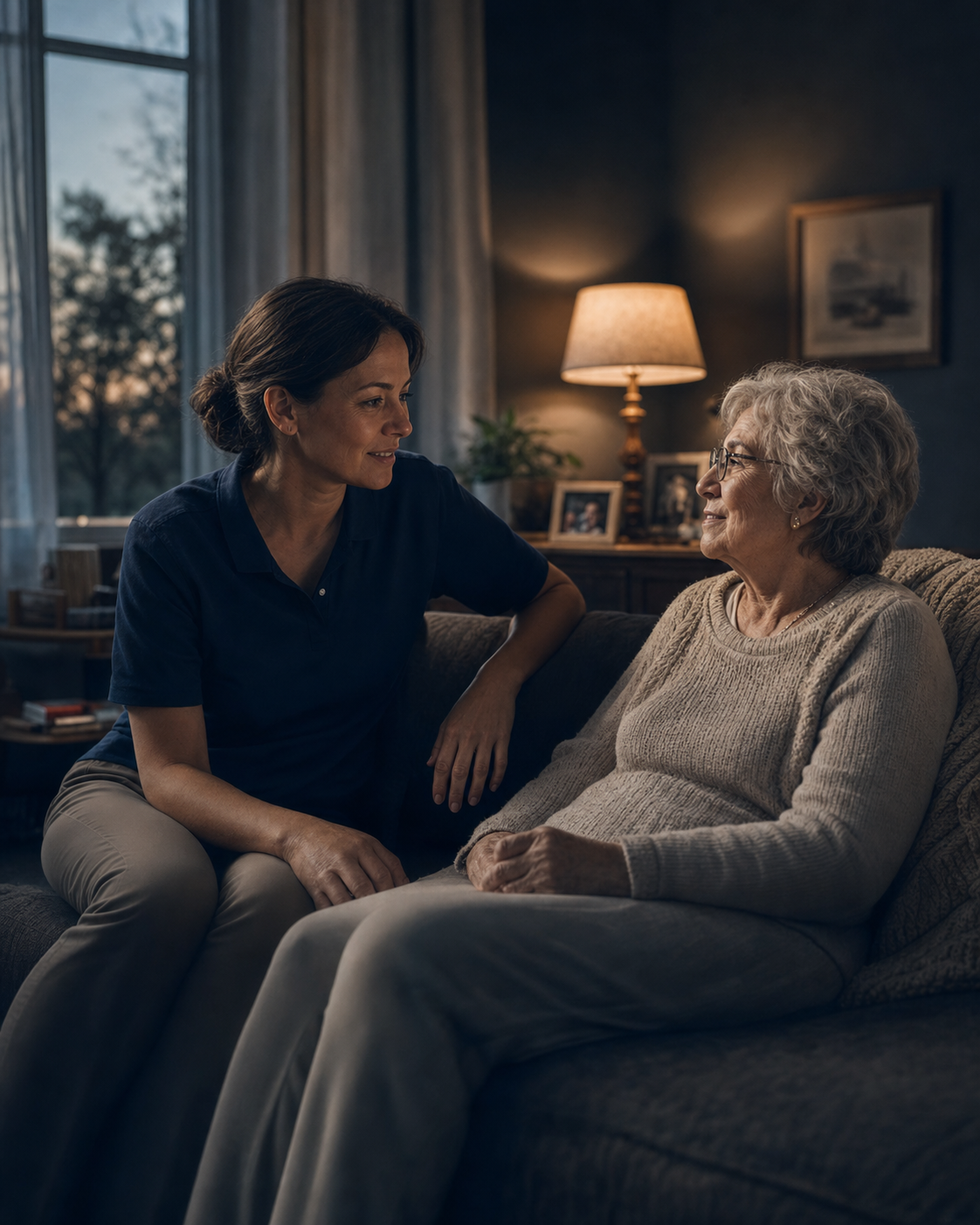 A caregiver listening attentively during a home visit